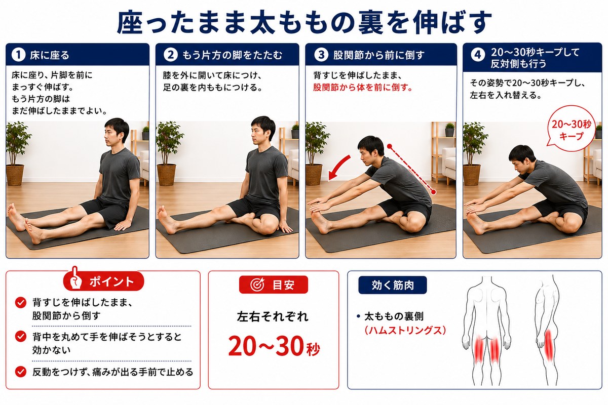 座ったまま太ももの裏を伸ばすストレッチの4ステップ手順図