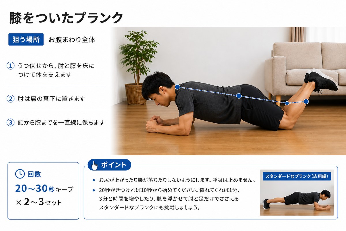 膝をついたプランクの3ステップ手順。うつ伏せから肘と膝を床につけて体を支え、肘は肩の真下に置き、頭から膝までを一直線に保つ