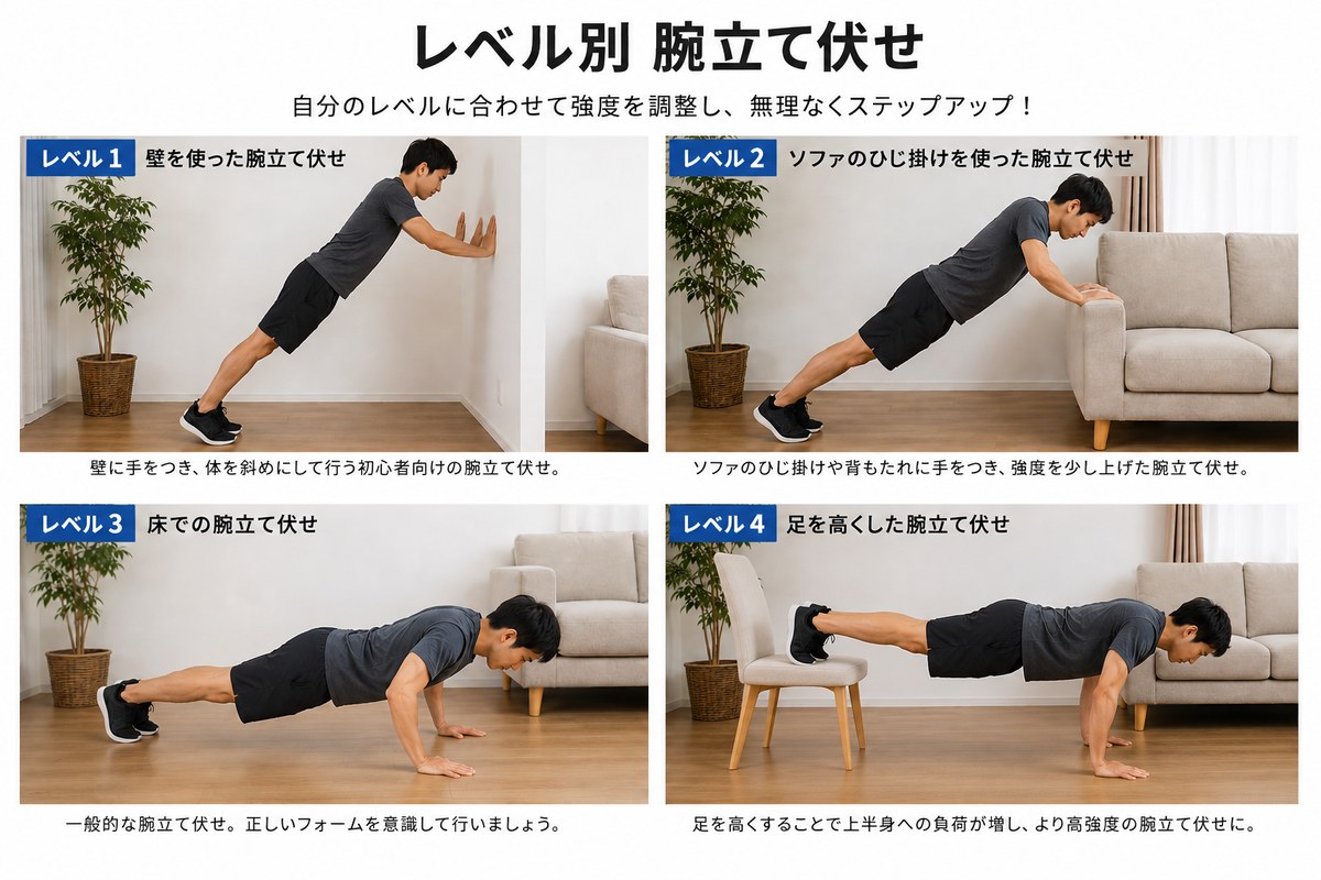 腕立て伏せのレベル別4段階。レベル1は壁、レベル2はソファのひじ掛け、レベル3は床、レベル4は足を高くした腕立て伏せ