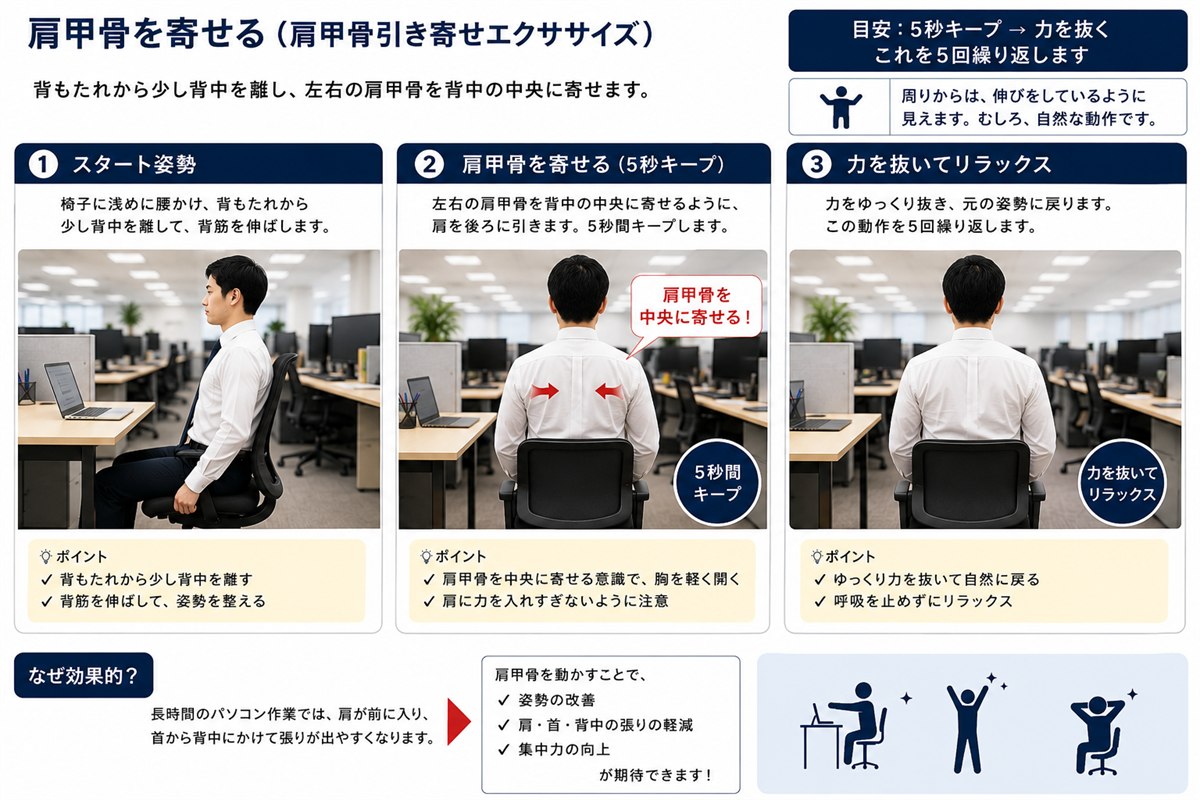 肩甲骨を寄せる(デスクで姿勢リセット)の3ステップ手順。背もたれから背中を離すスタート姿勢、左右の肩甲骨を背中の中央に寄せて5秒キープ、力を抜いてリラックス。目安は5秒キープを5回。