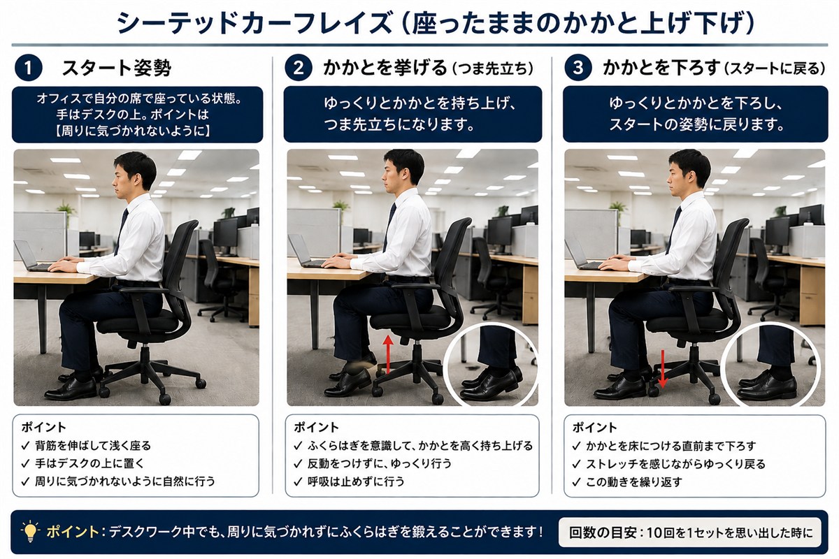 シーテッドカーフレイズ(座ったままのかかと上げ下げ)の3ステップ手順。スタート姿勢、かかとを挙げる、かかとを下ろす。回数の目安は10回を1セット。