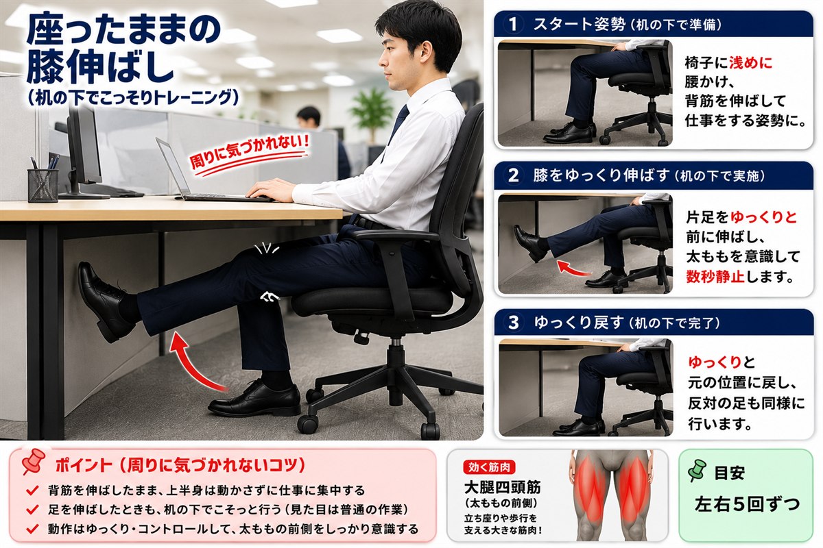 座ったままの膝伸ばし(机の下でこっそりトレーニング)の3ステップ手順。スタート姿勢、膝をゆっくり伸ばす、ゆっくり戻す。効く筋肉は太ももの前側(大腿四頭筋)。目安は左右5回ずつ。