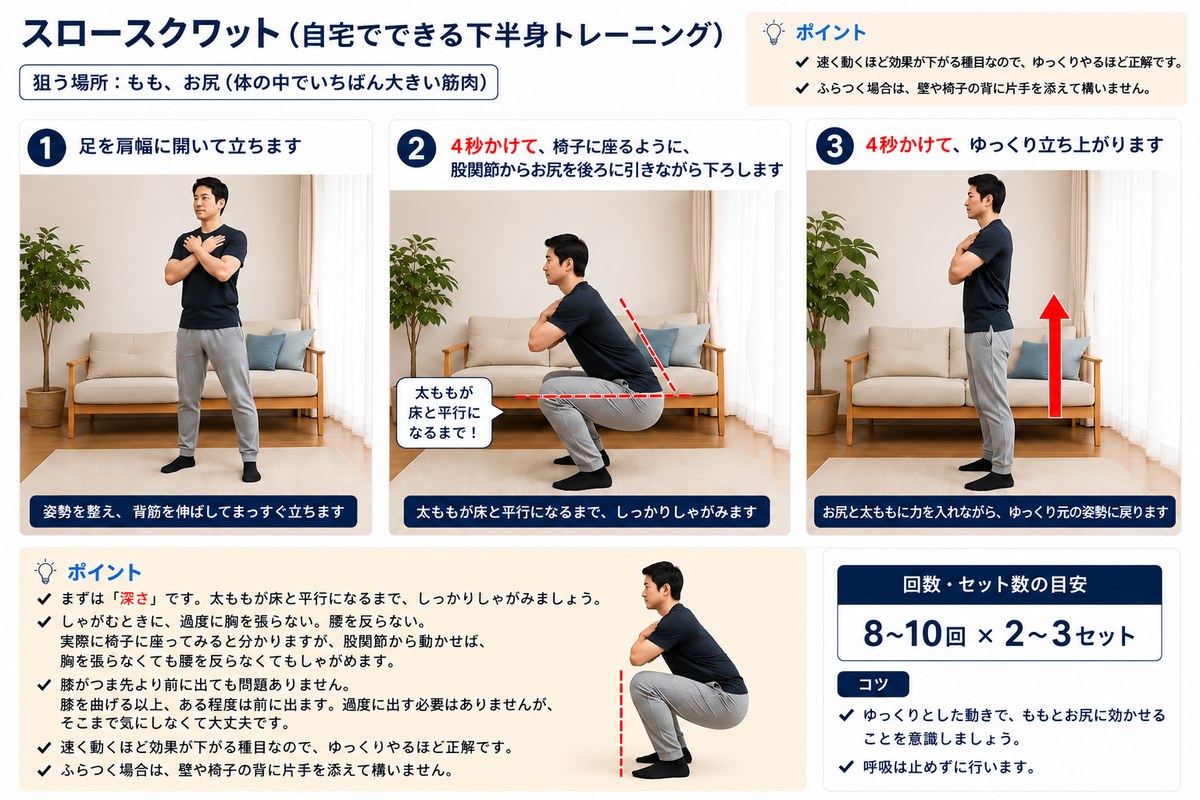 スロースクワットの3ステップ手順。足を肩幅に開いて立ち、4秒かけて股関節からお尻を後ろに引きながら下ろし、4秒かけてゆっくり立ち上がる