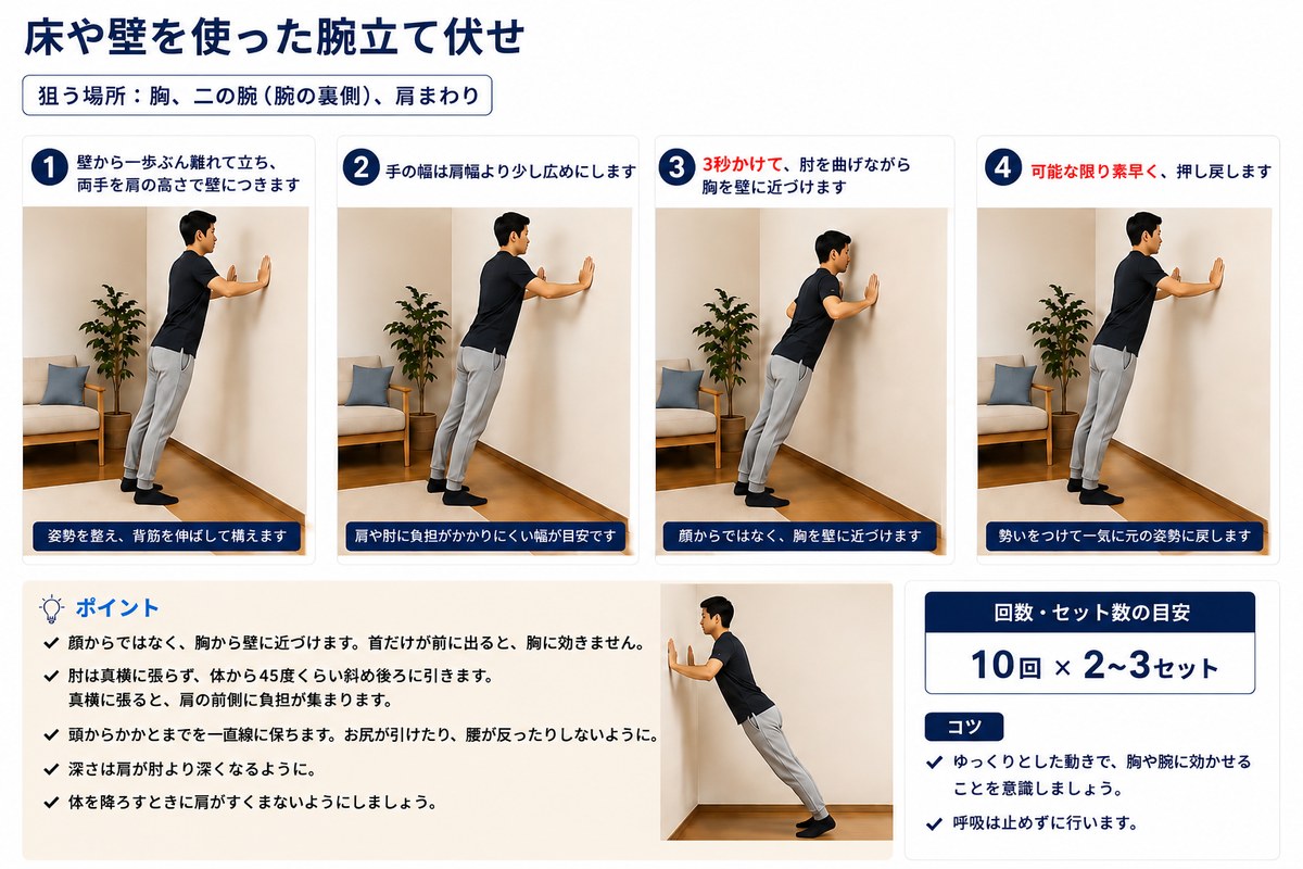 壁を使った腕立て伏せの4ステップ手順。壁から一歩離れて肩の高さで手をつき、3秒かけて肘を曲げながら胸を壁に近づけ、素早く押し戻す