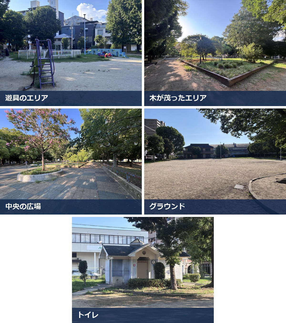 三国本町公園の様子。遊具のエリア、木が茂ったエリア、中央の広場、グラウンド、トイレ