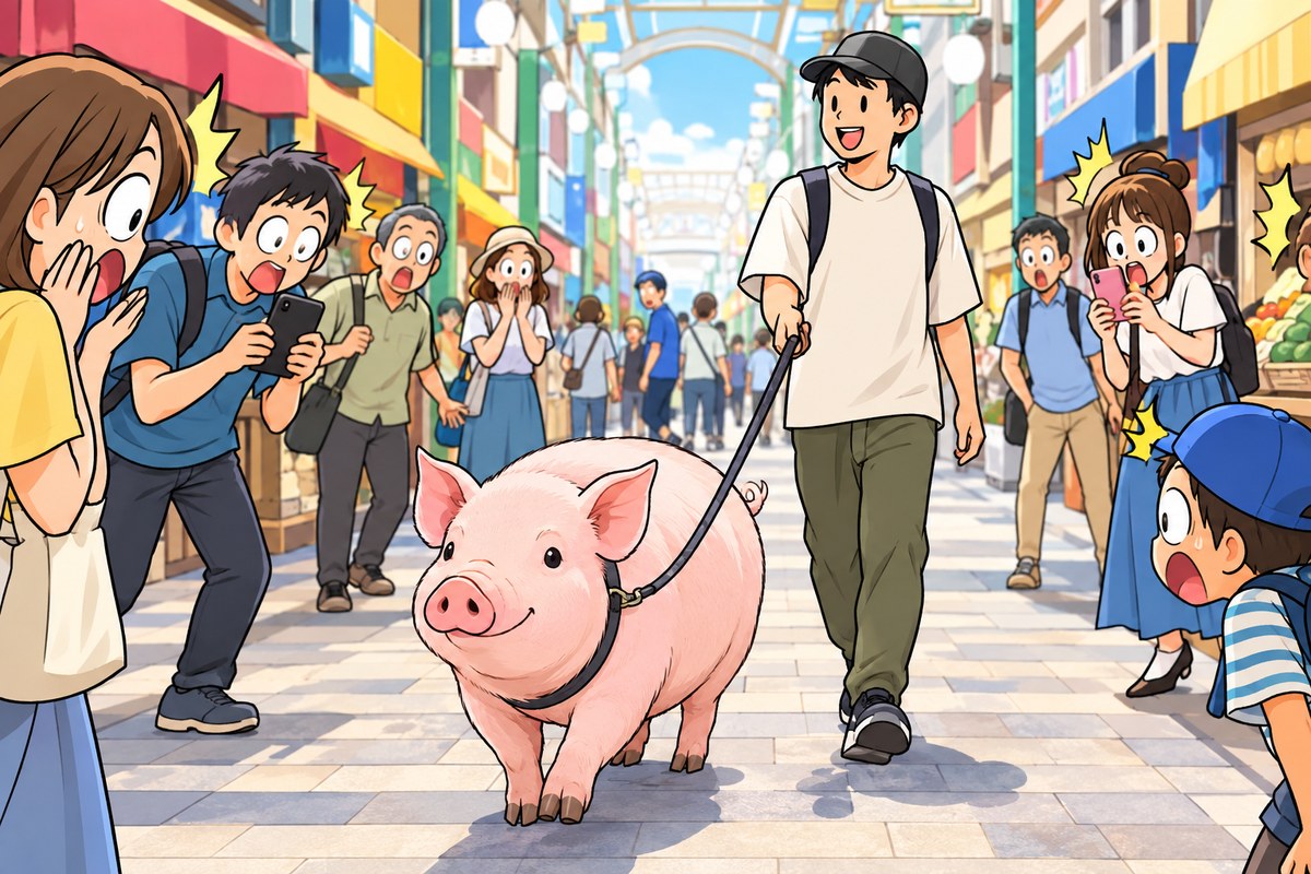 商店街で大きな豚を散歩させる人と、驚く通りすがりの人たちのイラスト（イメージ）