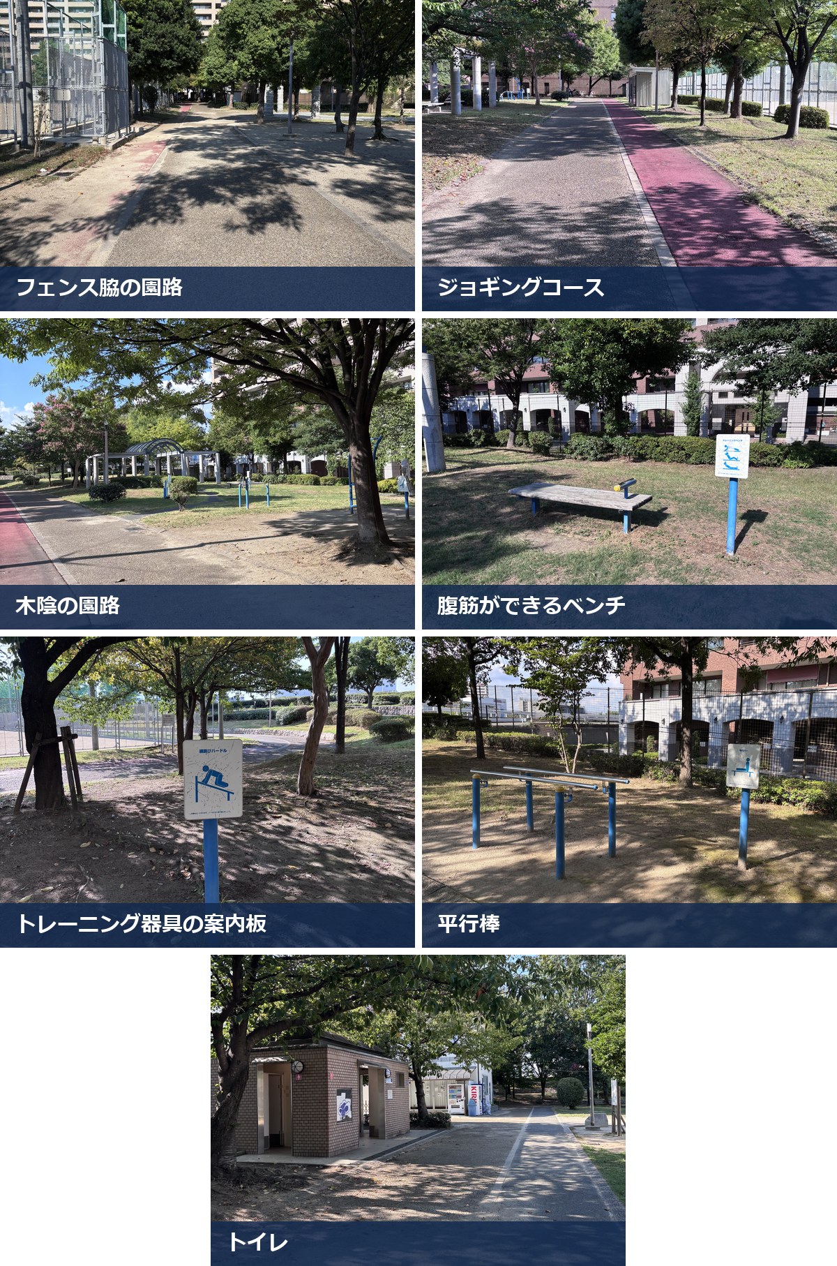 新高中央公園のコースの様子。フェンス脇の園路、ジョギングコース、木陰の園路、腹筋ができるベンチ、トレーニング器具の案内板、平行棒、トイレ