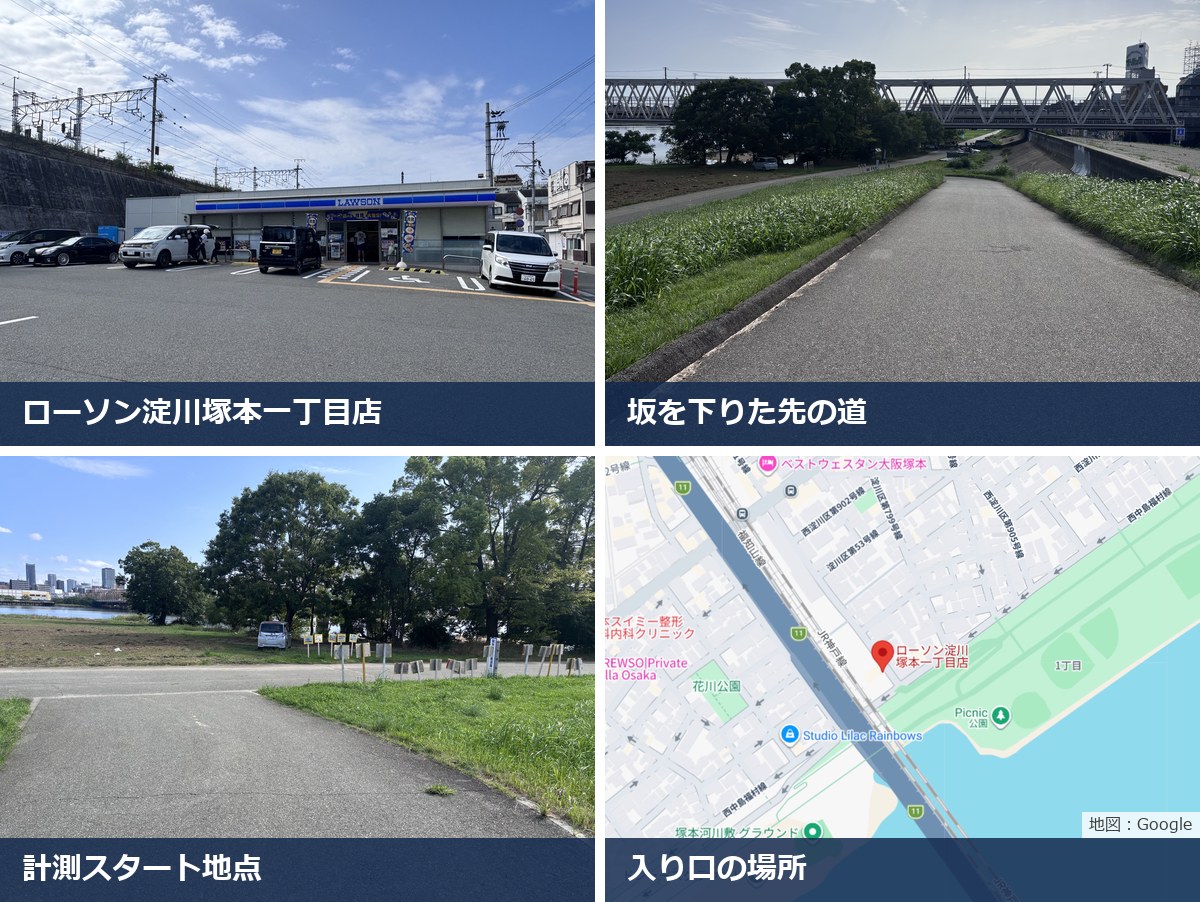 淀川河川敷コースの入り口。ローソン淀川塚本一丁目店、坂を下りた先の道、計測スタート地点、入り口の場所の地図