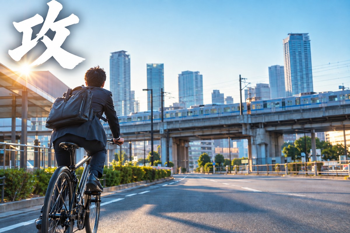 朝の駅前を自転車で走り出す通勤風景のイメージ