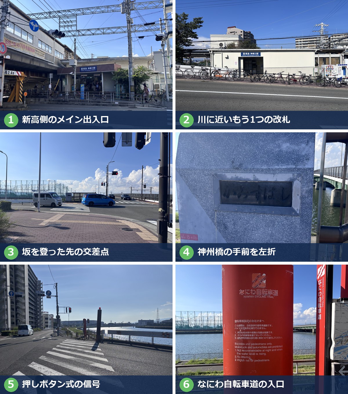 阪急神崎川駅から神崎川河川敷の入口までの道順。新高側のメイン出入口、川に近いもう1つの改札、坂を登った先の交差点、神州橋、押しボタン式の信号、なにわ自転車道の入口
