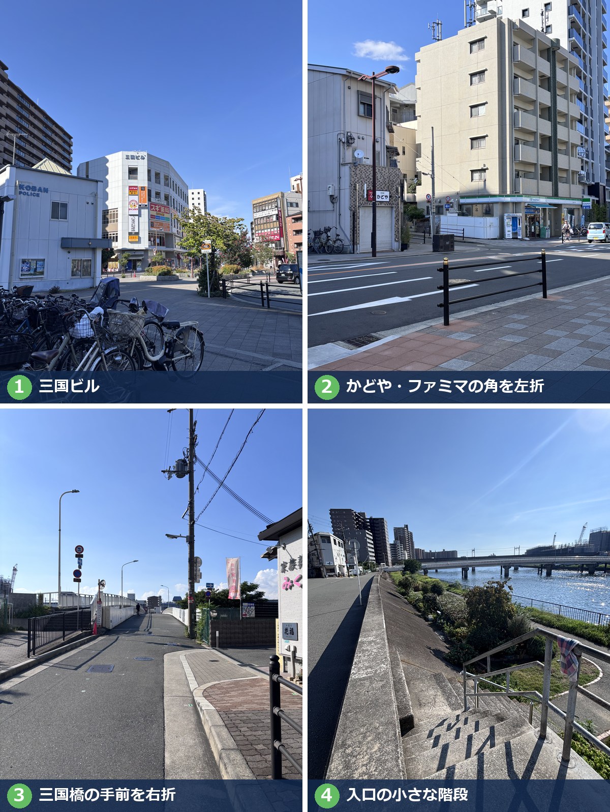 阪急三国駅から神崎川河川敷の入口までの道順。三国ビル、居酒屋かどやとファミリーマートの角、三国橋の手前、入口の小さな階段