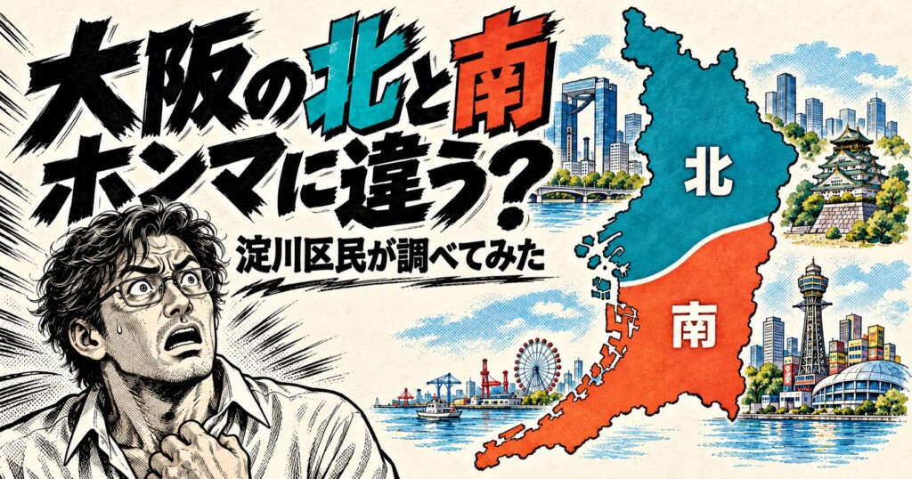 大阪府の地図を北と南に塗り分けたイラスト。「大阪の北と南 ホンマに違う？ 淀川区民が調べてみた」の文字と、驚く男性