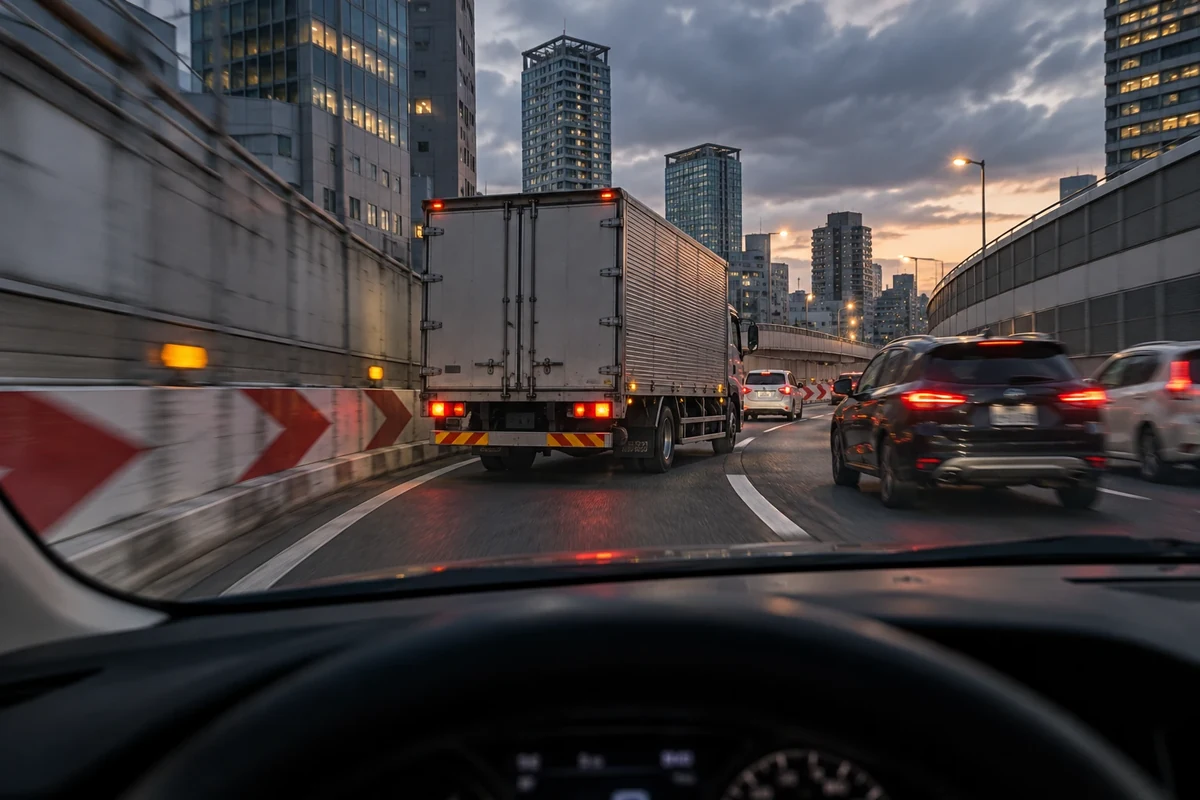 夕方の都市高速を運転席から見た様子。狭い車線の先はカーブで見通しが悪く、すぐ前の大型トラックがウインカーを出さずに右の車線へ寄っている