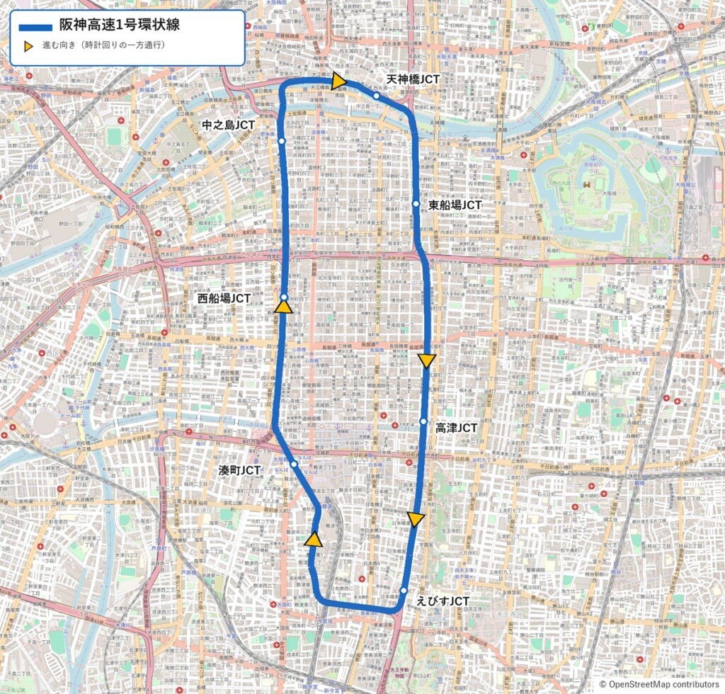 阪神高速1号環状線の路線図。大阪市の中心部を時計回りに一方通行で回る環状線と、中之島・天神橋・西船場・東船場・湊町・高津・えびすの各ジャンクションの位置