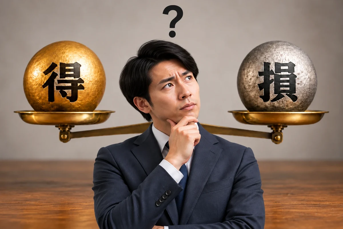 天秤の左に金色の「得」の玉、右に銀色の「損」の玉。中央でスーツ姿の男性が頭に疑問符を浮かべて考えている